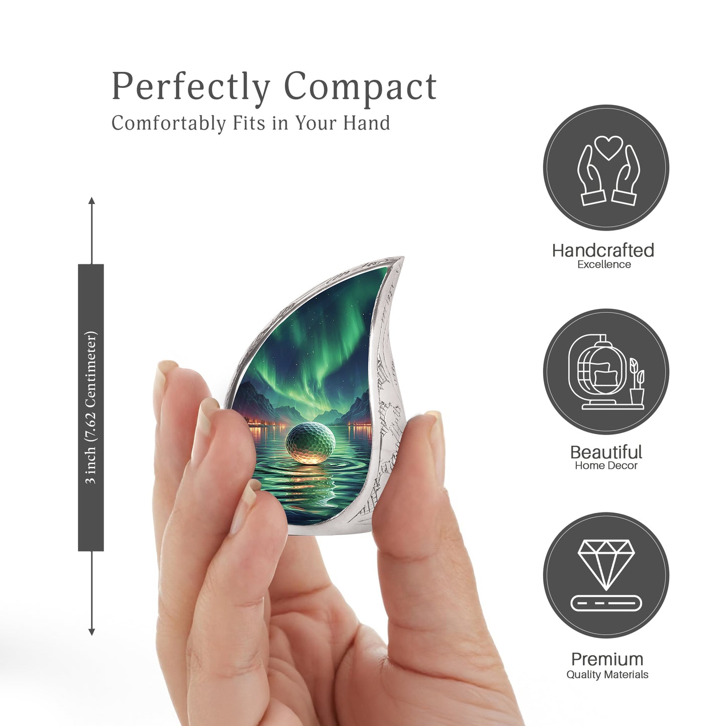 Sea Green Teal Golf Cremation Urn angled view of lid and engraved motif - rounded teardrop golf design with delicate detail - mini keepsake memorial for portion of cremation ashes