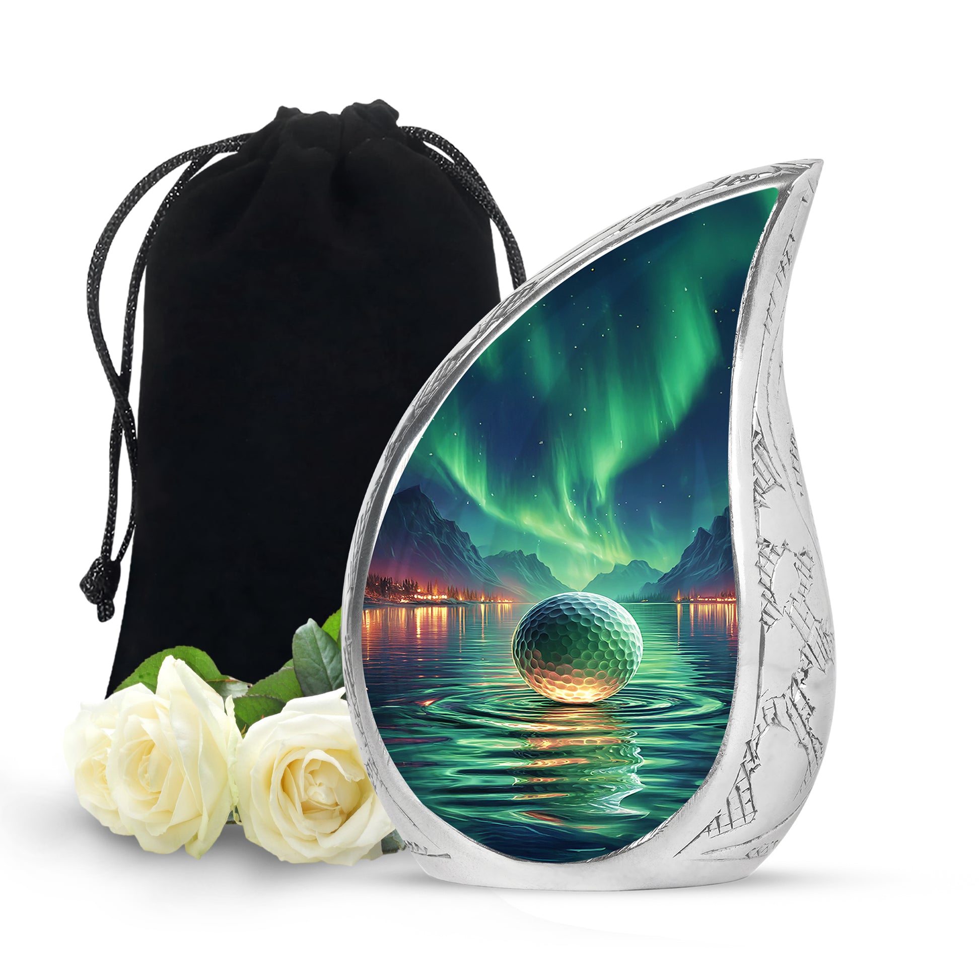 Sea Green Teal Golf Cremation Urn front view showing detailed design - flowing teardrop golf silhouette on curved aluminum - full-size 10 inch 200 cubic inch adult cremation urn