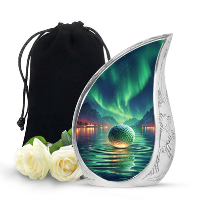 Sea Green Teal Golf Cremation Urn front view showing detailed design - flowing teardrop golf silhouette on curved aluminum - full-size 10 inch 200 cubic inch adult cremation urn