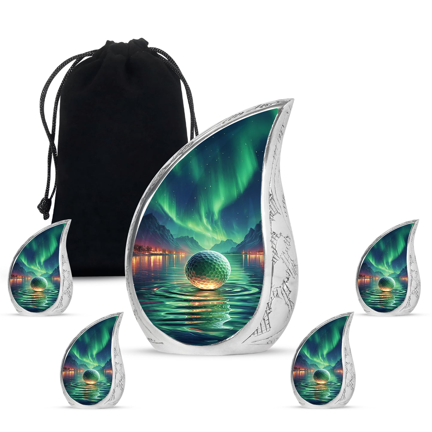 Aqua Teal Golf Cremation Urn side profile showing urn shape - smooth teardrop contour featuring golf art - memorial set with one large and four small urns