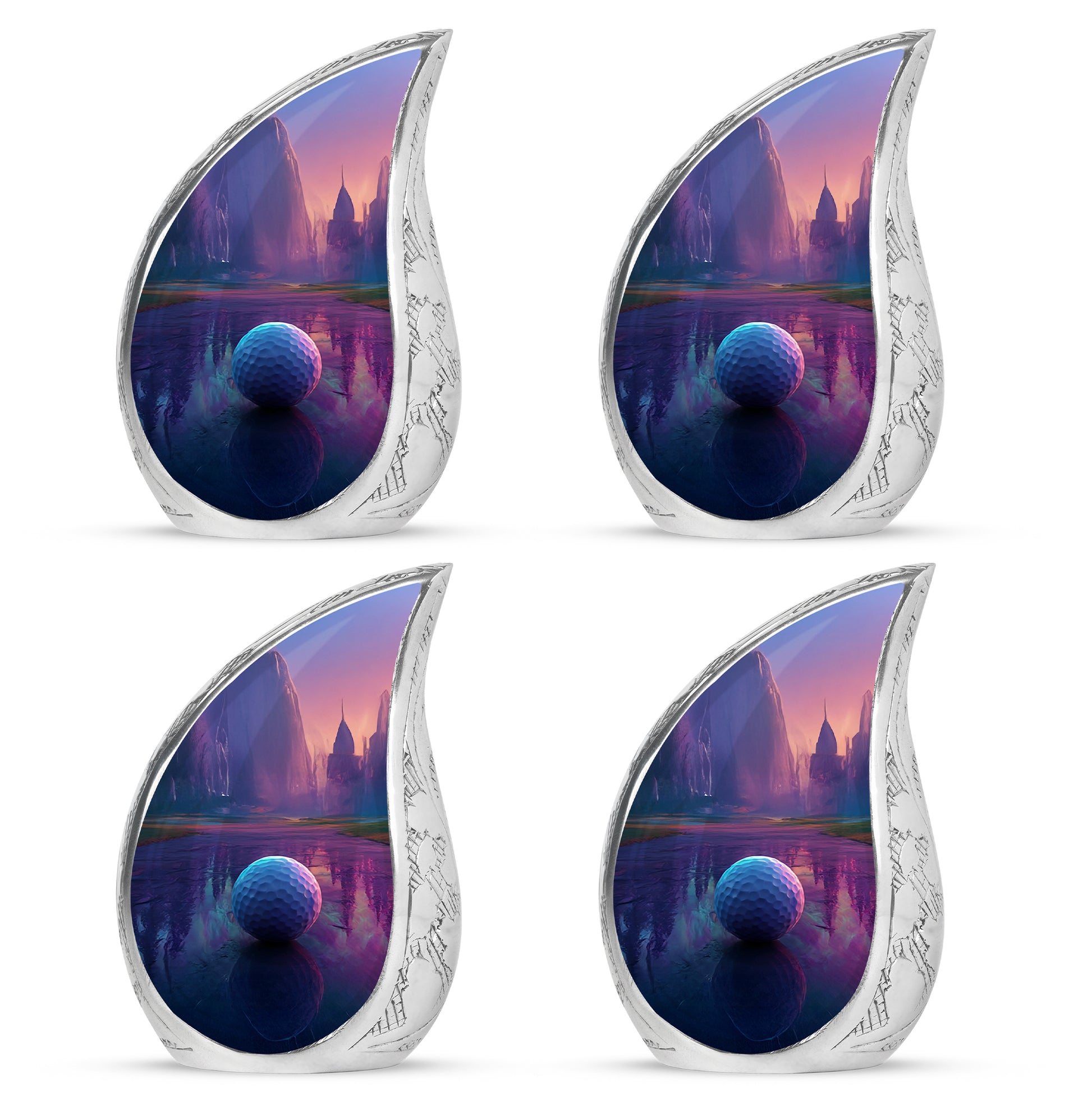 Majestic Purple Golf Cremation Urn close-up of engraving and surface detail - flowing teardrop golf silhouette on curved aluminum - 10 inch aluminum urn for cremated remains