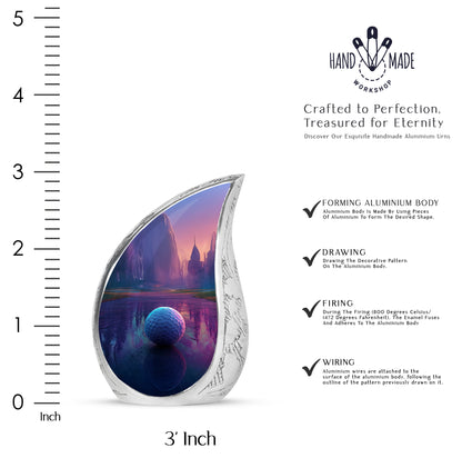 Deep Purple Golf Cremation Urn angled view of lid and engraved motif - flowing teardrop golf silhouette on curved aluminum - mini keepsake memorial for portion of cremation ashes