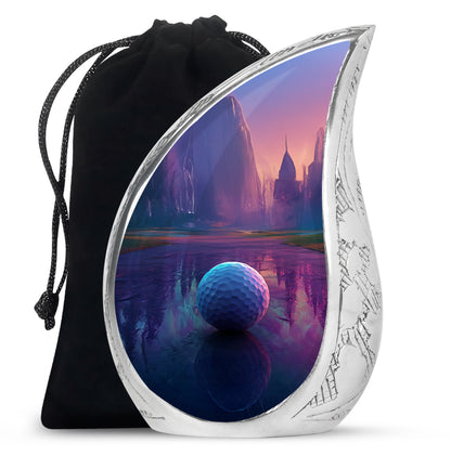 Majestic Purple Golf Cremation Urn front view showing detailed design - rounded teardrop golf design with delicate detail - full-size 10 inch 200 cubic inch adult cremation urn