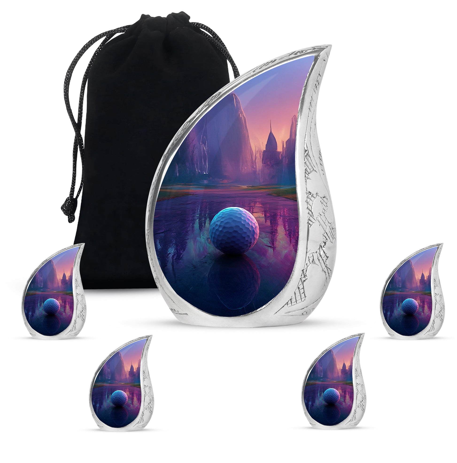 Royal Purple Golf Cremation Urn side profile showing urn shape - smooth teardrop contour featuring golf art - memorial set with one large and four small urns