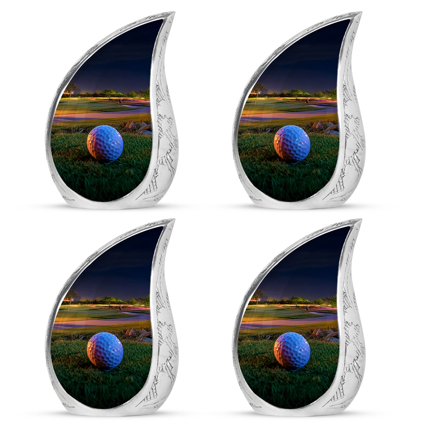 Warm Gold Golf Cremation Urn close-up of engraving and surface detail - graceful tear-shaped urn with golf motif - 10 inch aluminum urn for cremated remains