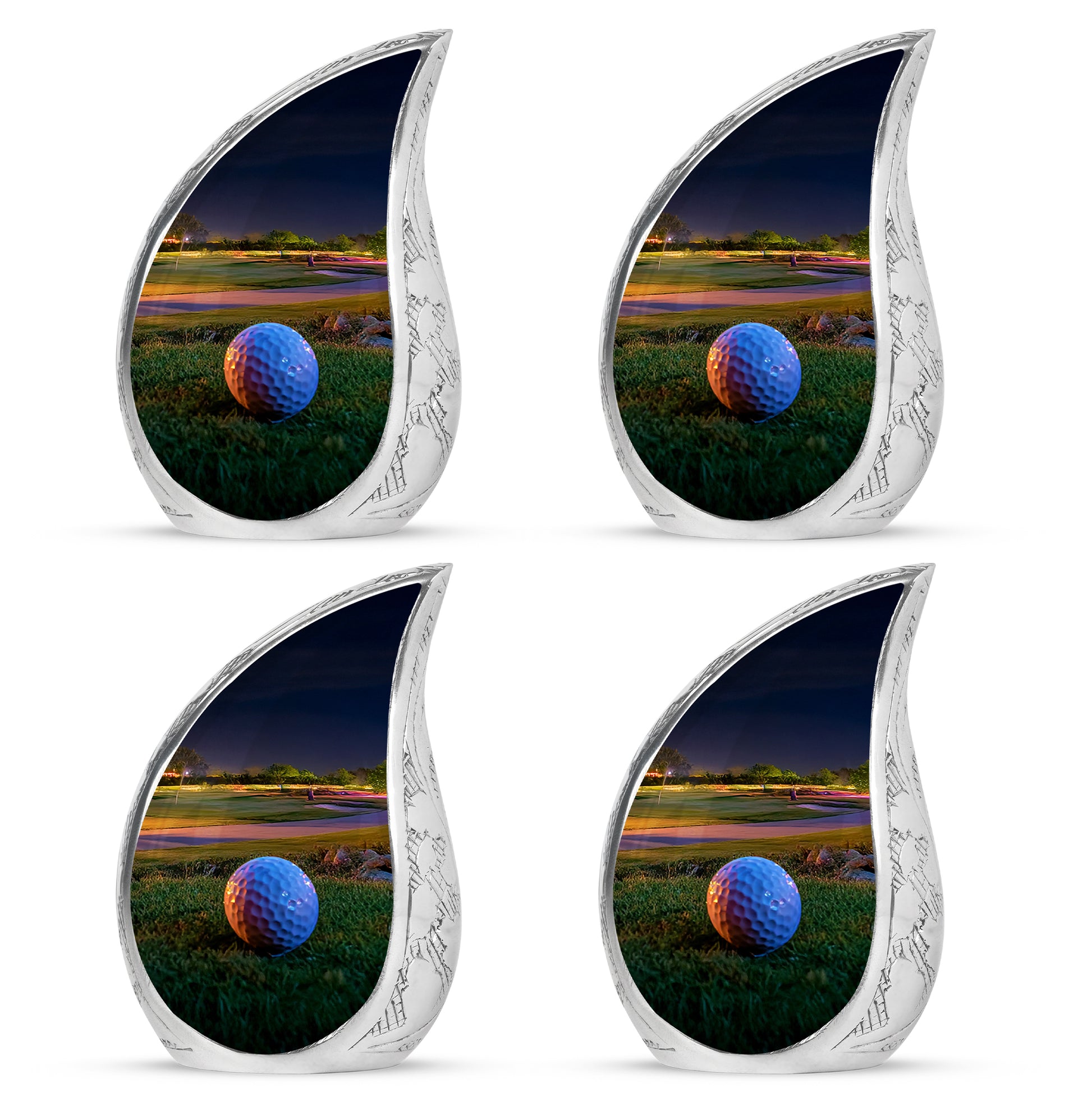 Warm Gold Golf Cremation Urn close-up of engraving and surface detail - graceful tear-shaped urn with golf motif - 10 inch aluminum urn for cremated remains