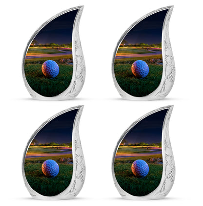 Warm Gold Golf Cremation Urn close-up of engraving and surface detail - graceful tear-shaped urn with golf motif - 10 inch aluminum urn for cremated remains