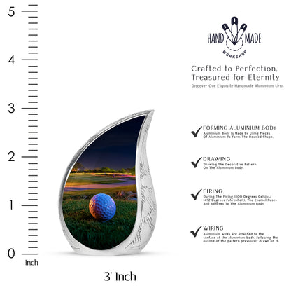 Gilded Gold Golf Cremation Urn angled view of lid and engraved motif - rounded teardrop golf design with delicate detail - mini keepsake memorial for portion of cremation ashes