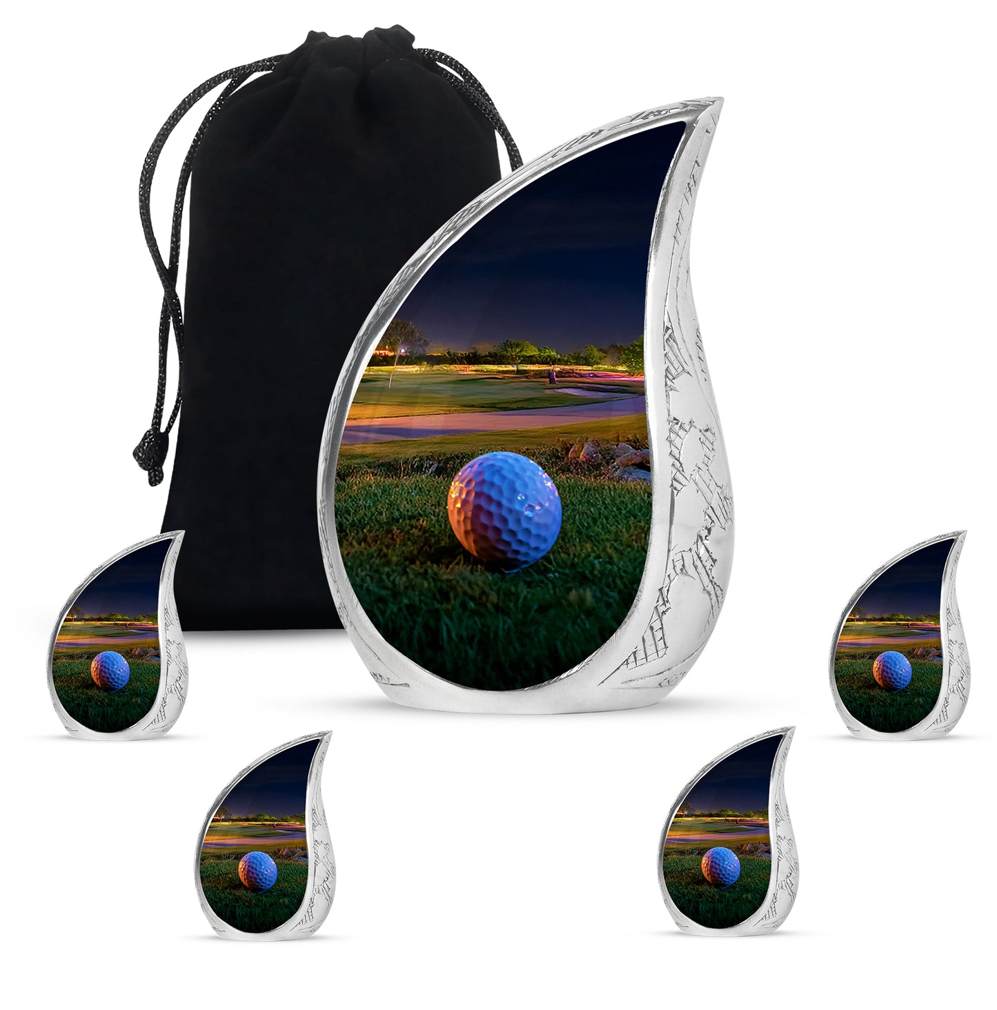 Royal Gold Golf Cremation Urn side profile showing urn shape - graceful tear-shaped urn with golf motif - memorial set with one large and four small urns