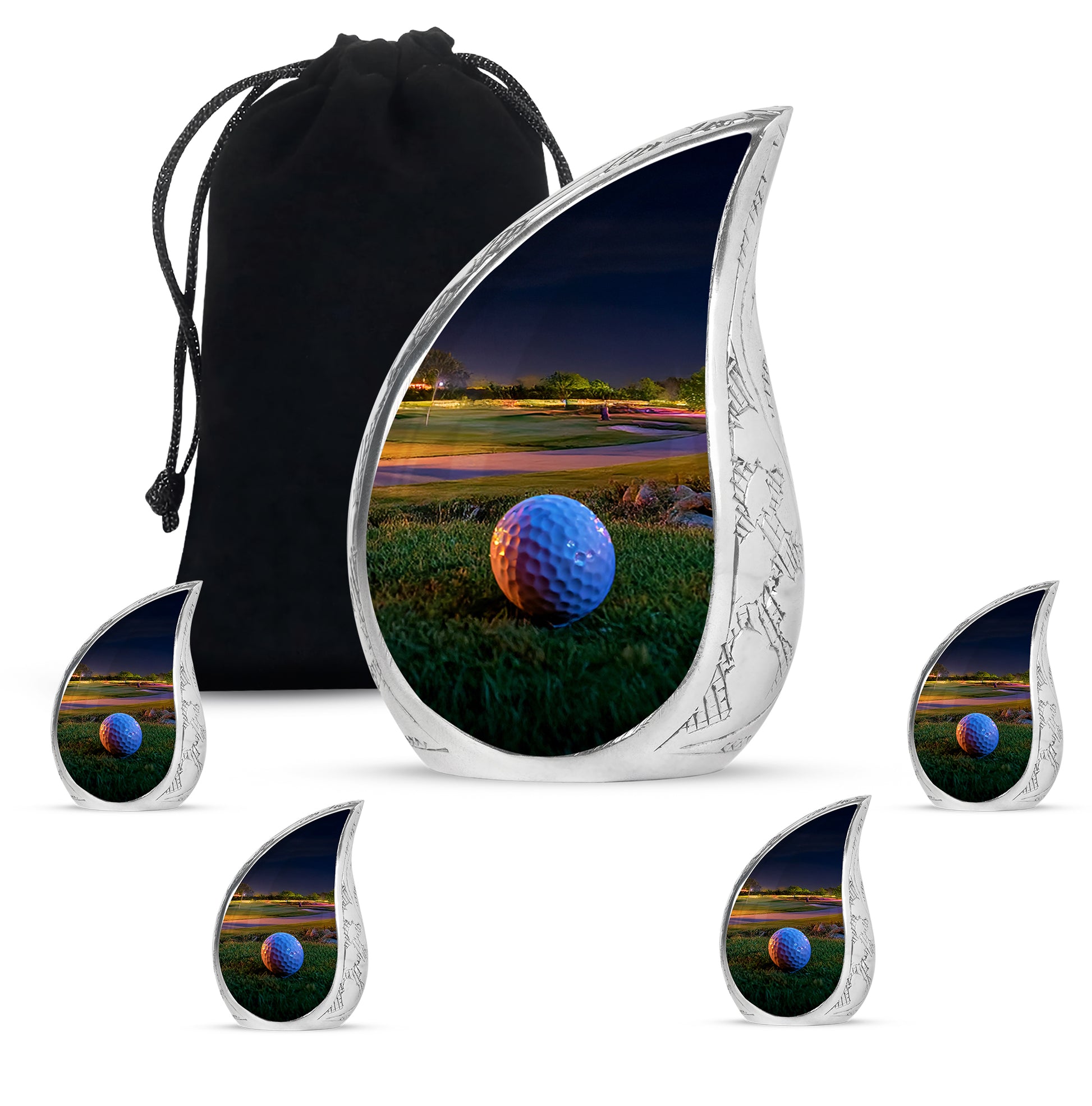 Royal Gold Golf Cremation Urn side profile showing urn shape - graceful tear-shaped urn with golf motif - memorial set with one large and four small urns