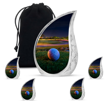 Royal Gold Golf Cremation Urn side profile showing urn shape - graceful tear-shaped urn with golf motif - memorial set with one large and four small urns