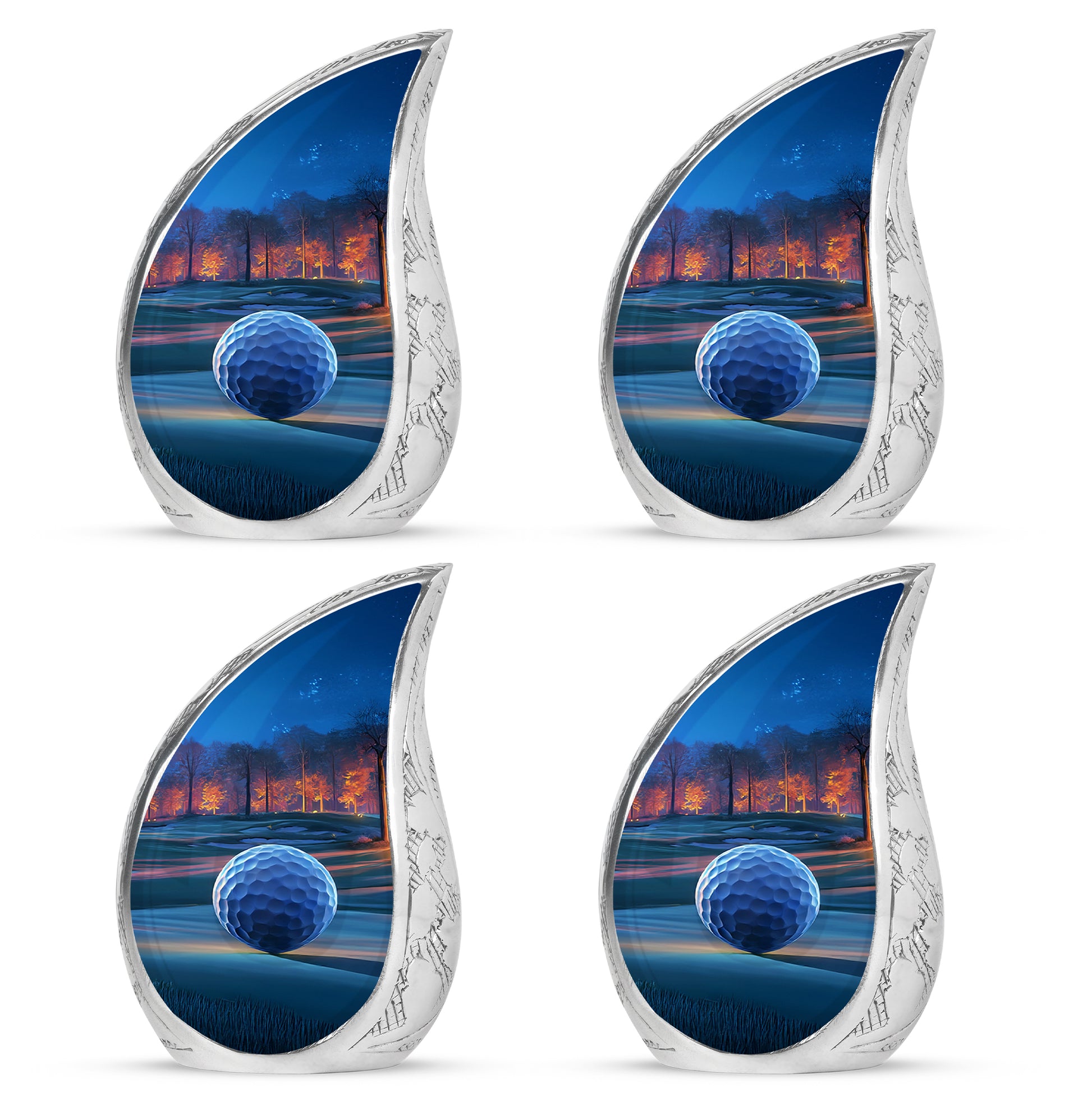 Garnet Red Golf Cremation Urn close-up of engraving and surface detail - rounded teardrop golf design with delicate detail - 10 inch aluminum urn for cremated remains