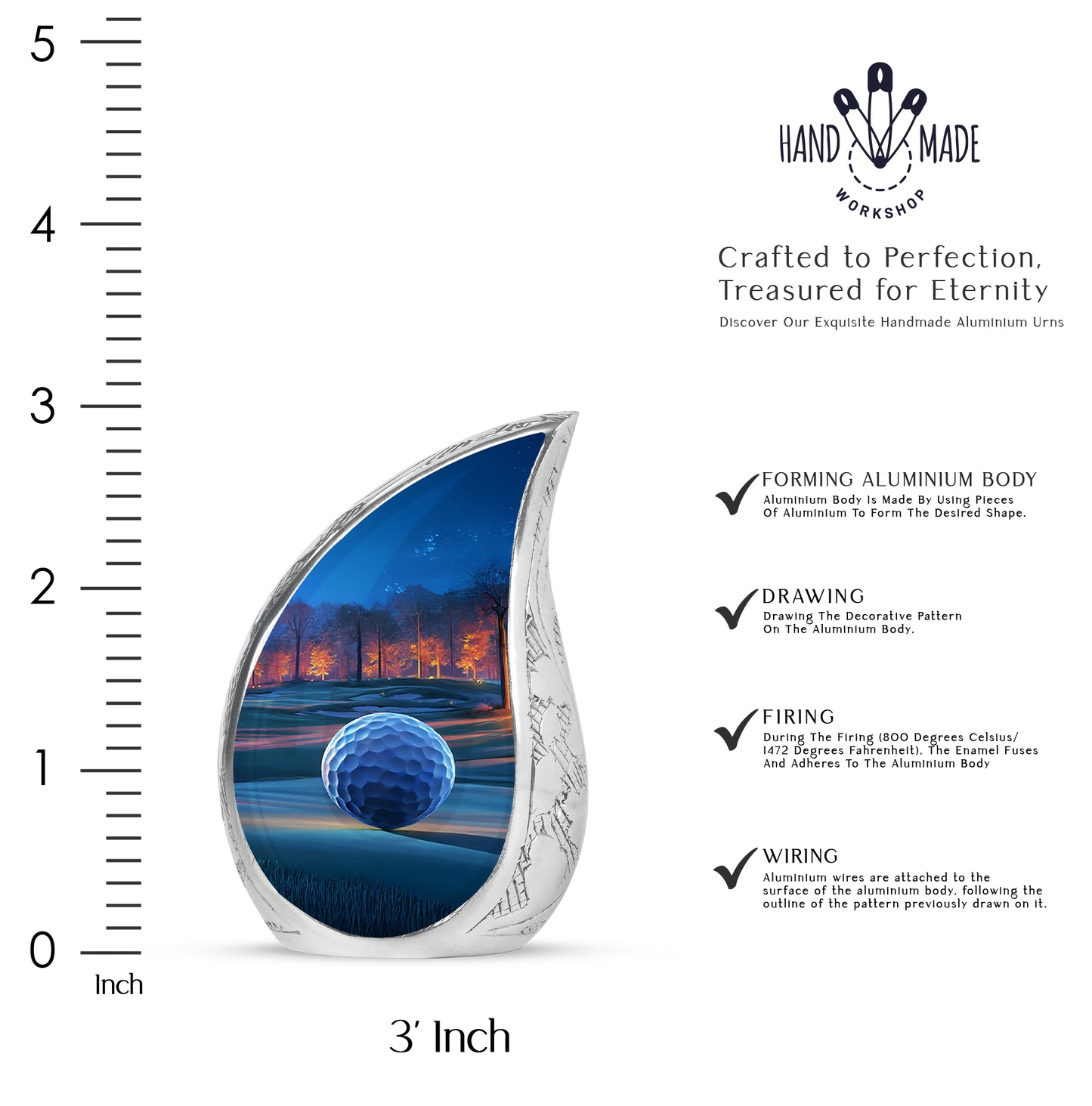 Cherry Red Golf Cremation Urn angled view of lid and engraved motif - smooth teardrop contour featuring golf art - mini keepsake memorial for portion of cremation ashes