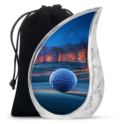 Rich Red Golf Cremation Urn front view showing detailed design - smooth teardrop contour featuring golf art - full-size 10 inch 200 cubic inch adult cremation urn