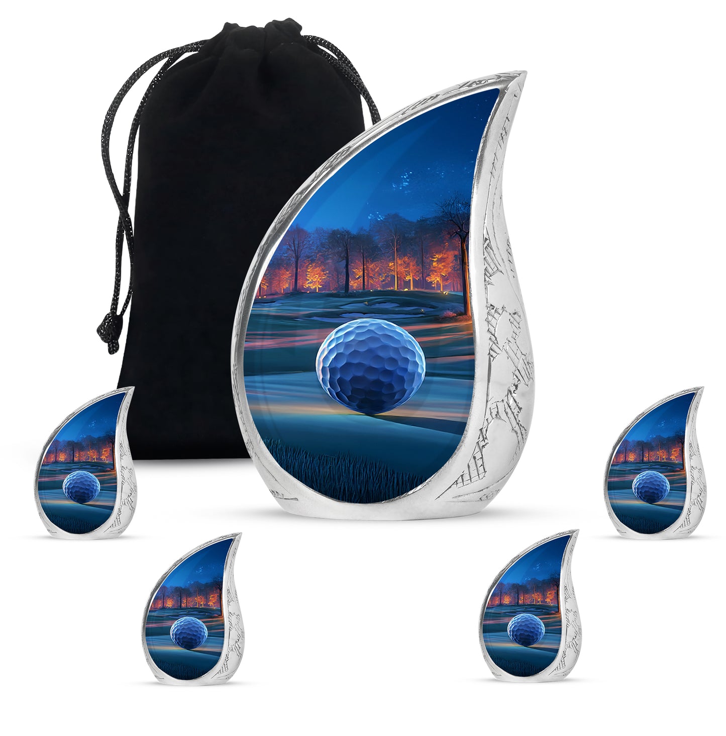 Ruby Red Golf Cremation Urn side profile showing urn shape - smooth teardrop contour featuring golf art - memorial set with one large and four small urns