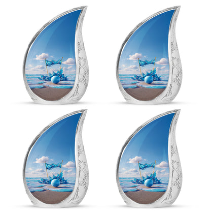 Navy Blue Golf Cremation Urn close-up of engraving and surface detail - flowing teardrop golf silhouette on curved aluminum - 10 inch aluminum urn for cremated remains