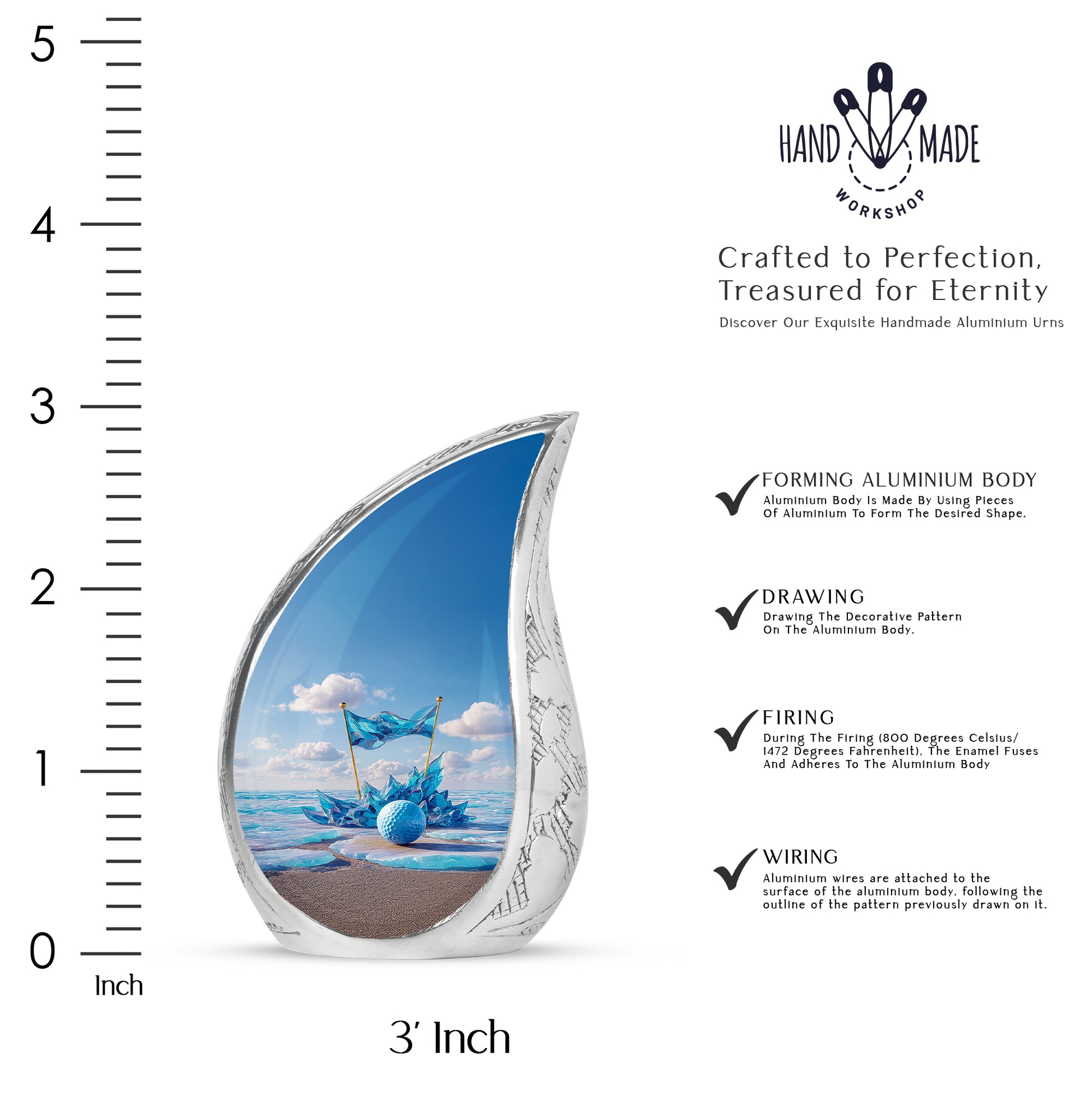 Powder Blue Golf Cremation Urn angled view of lid and engraved motif - rounded teardrop golf design with delicate detail - mini keepsake memorial for portion of cremation ashes