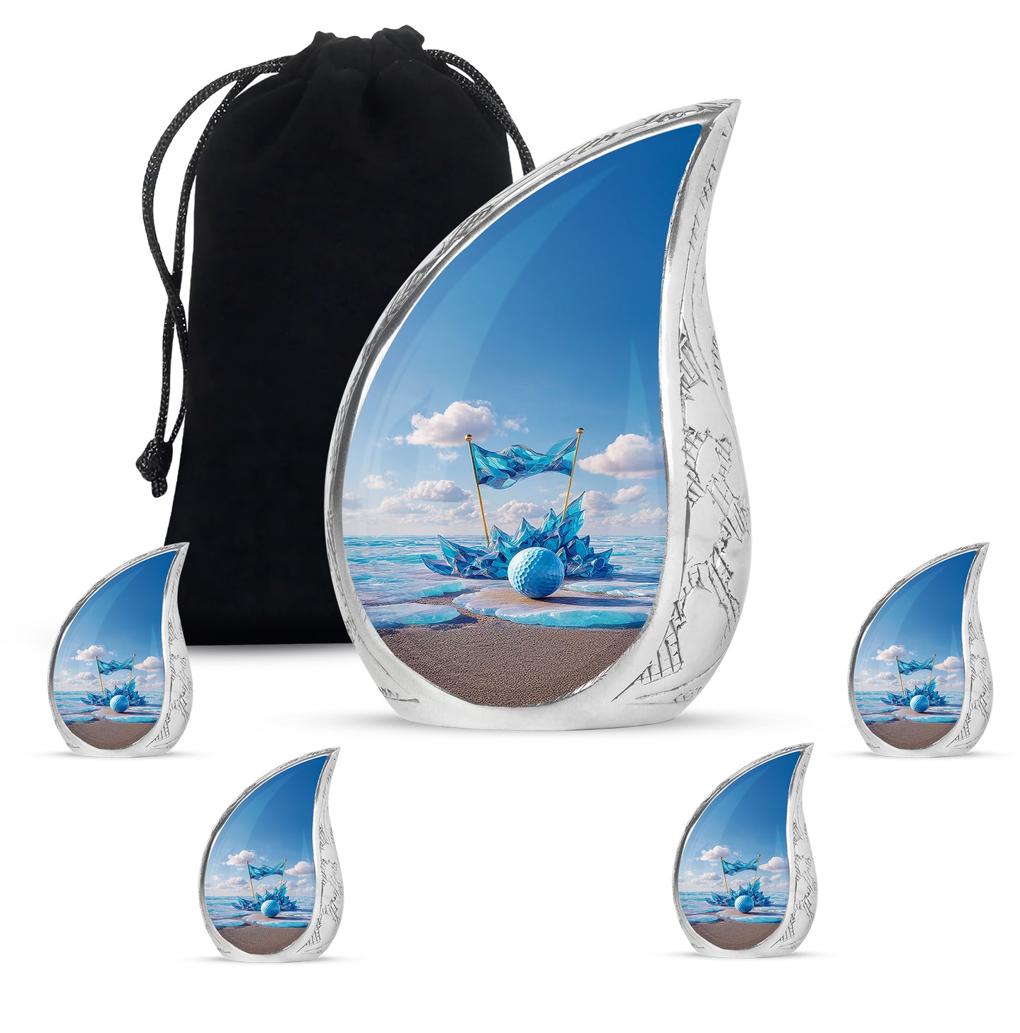 Dusty Blue Golf Cremation Urn side profile showing urn shape - rounded teardrop golf design with delicate detail - memorial set with one large and four small urns