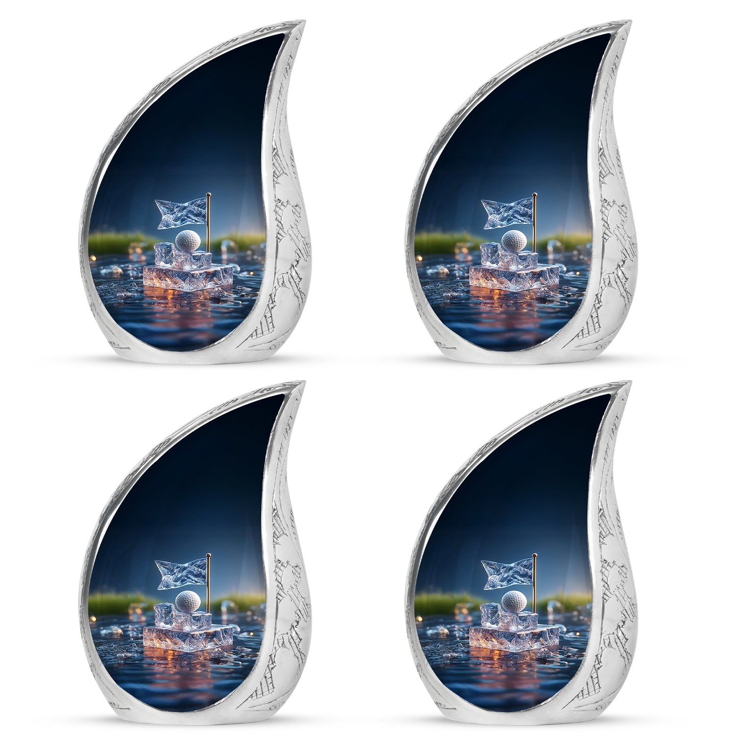 Dusty Blue Golf Cremation Urn close-up of engraving and surface detail - flowing teardrop golf silhouette on curved aluminum - 10 inch aluminum urn for cremated remains