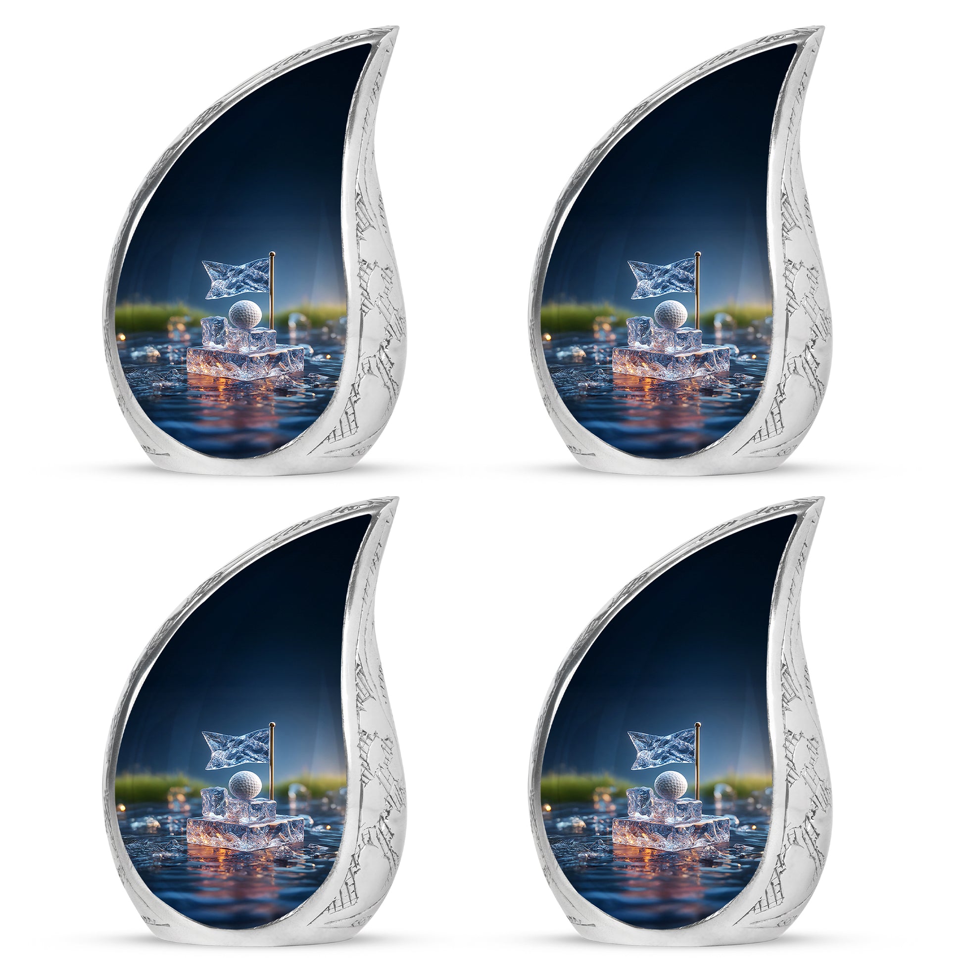 Dusty Blue Golf Cremation Urn close-up of engraving and surface detail - flowing teardrop golf silhouette on curved aluminum - 10 inch aluminum urn for cremated remains