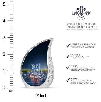 Serene Blue Golf Cremation Urn angled view of lid and engraved motif - smooth teardrop contour featuring golf art - mini keepsake memorial for portion of cremation ashes