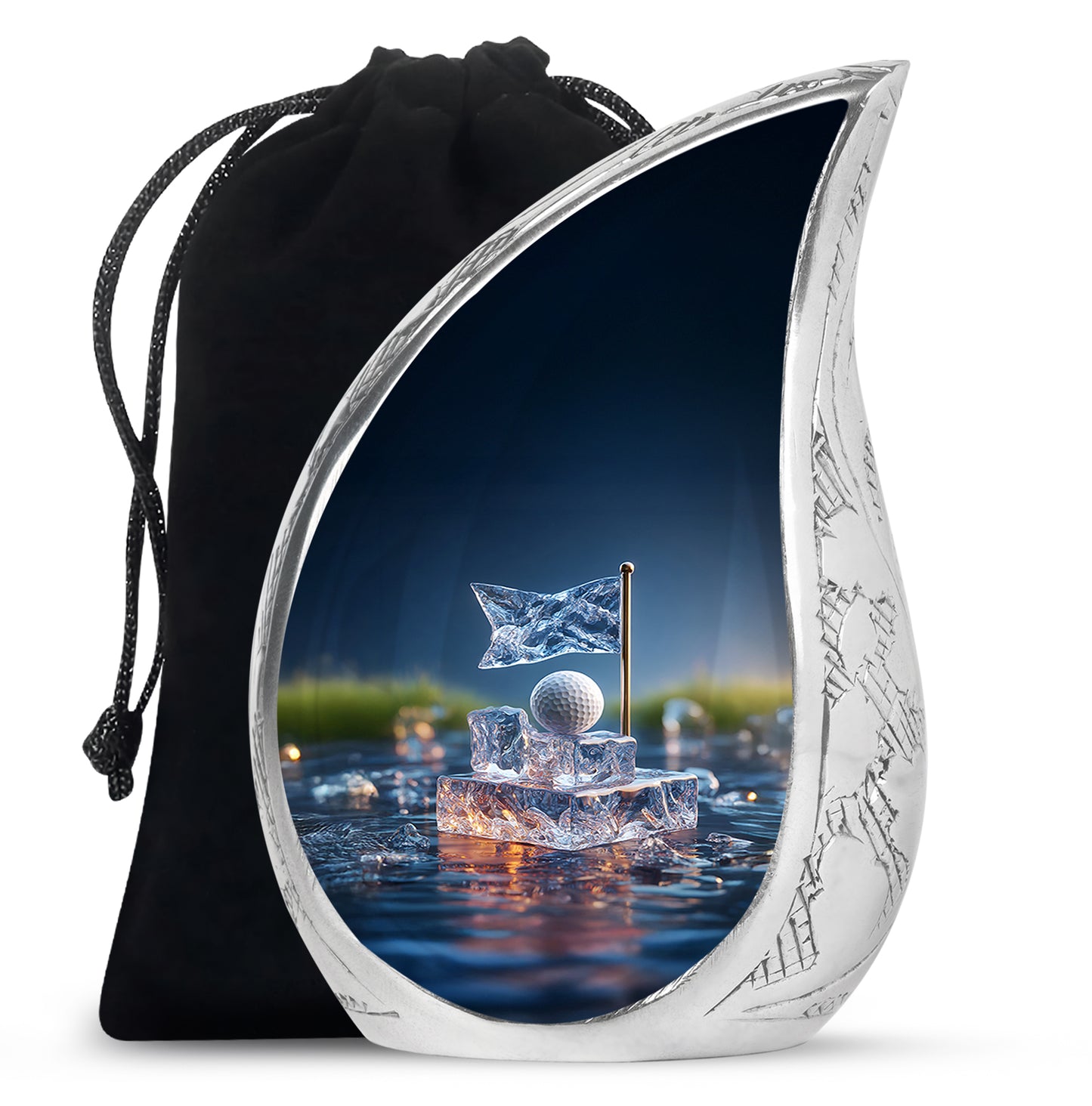 Cornflower Blue Golf Cremation Urn front view showing detailed design - graceful tear-shaped urn with golf motif - full-size 10 inch 200 cubic inch adult cremation urn