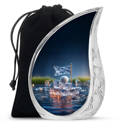 Cornflower Blue Golf Cremation Urn front view showing detailed design - graceful tear-shaped urn with golf motif - full-size 10 inch 200 cubic inch adult cremation urn