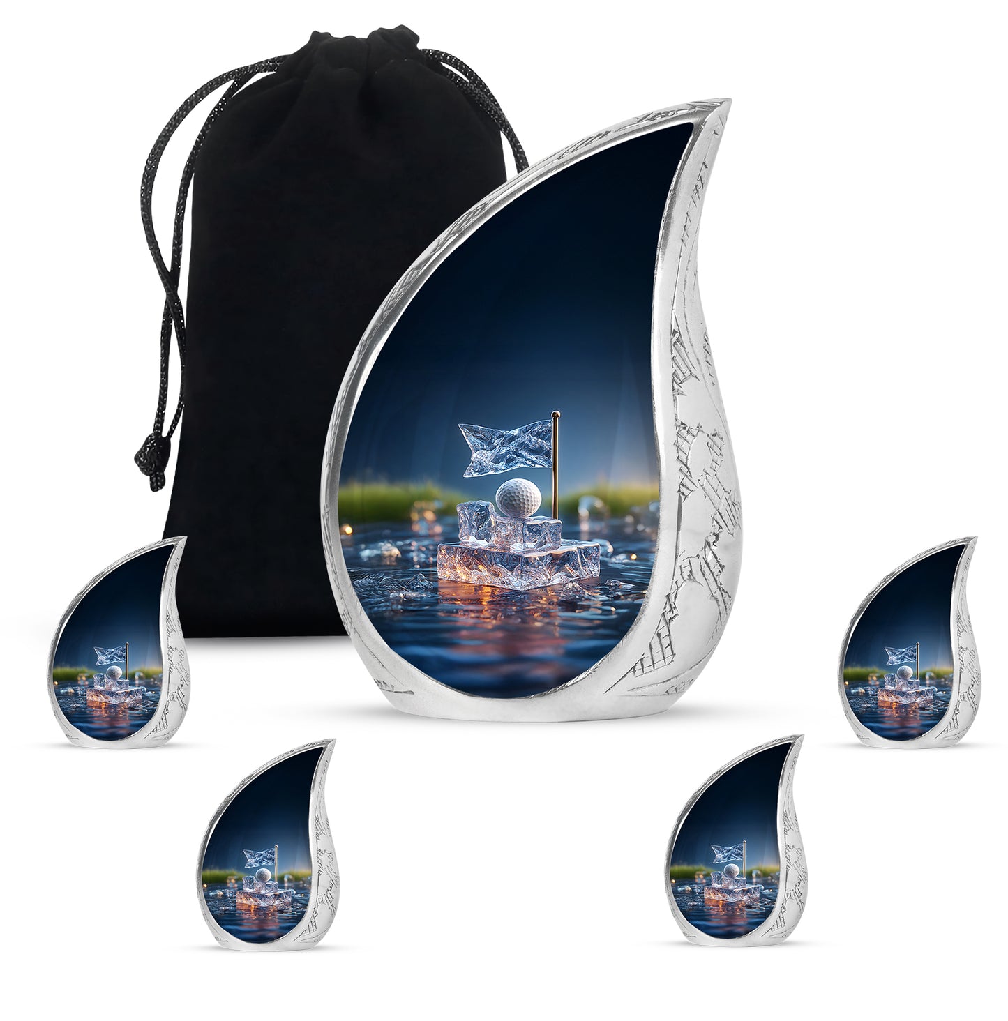 Cobalt Blue Golf Cremation Urn side profile showing urn shape - smooth teardrop contour featuring golf art - memorial set with one large and four small urns