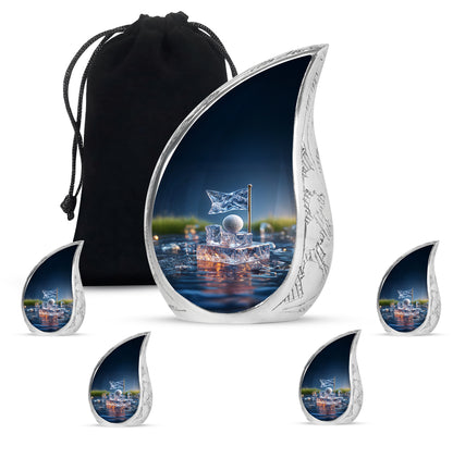Cobalt Blue Golf Cremation Urn side profile showing urn shape - smooth teardrop contour featuring golf art - memorial set with one large and four small urns