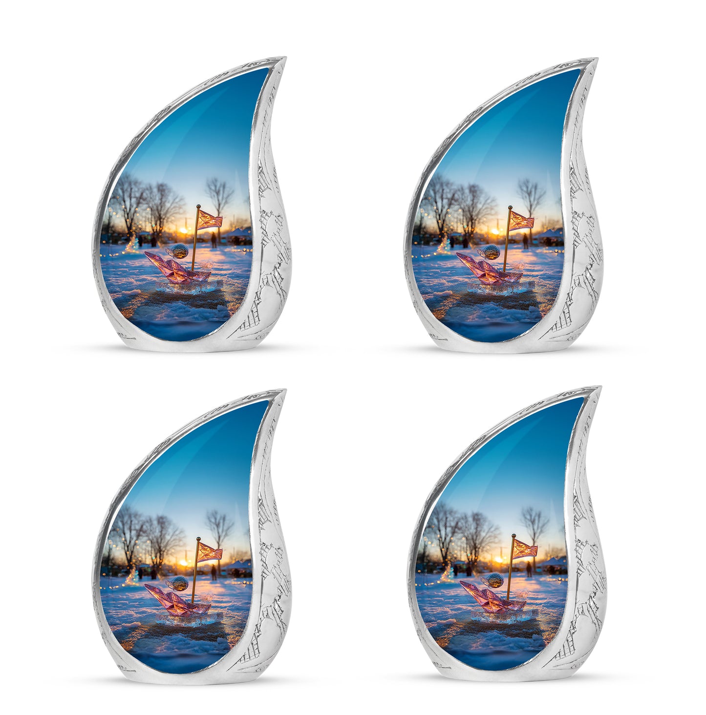 Powder Blue Golf Cremation Urn close-up of engraving and surface detail - rounded teardrop golf design with delicate detail - 10 inch aluminum urn for cremated remains