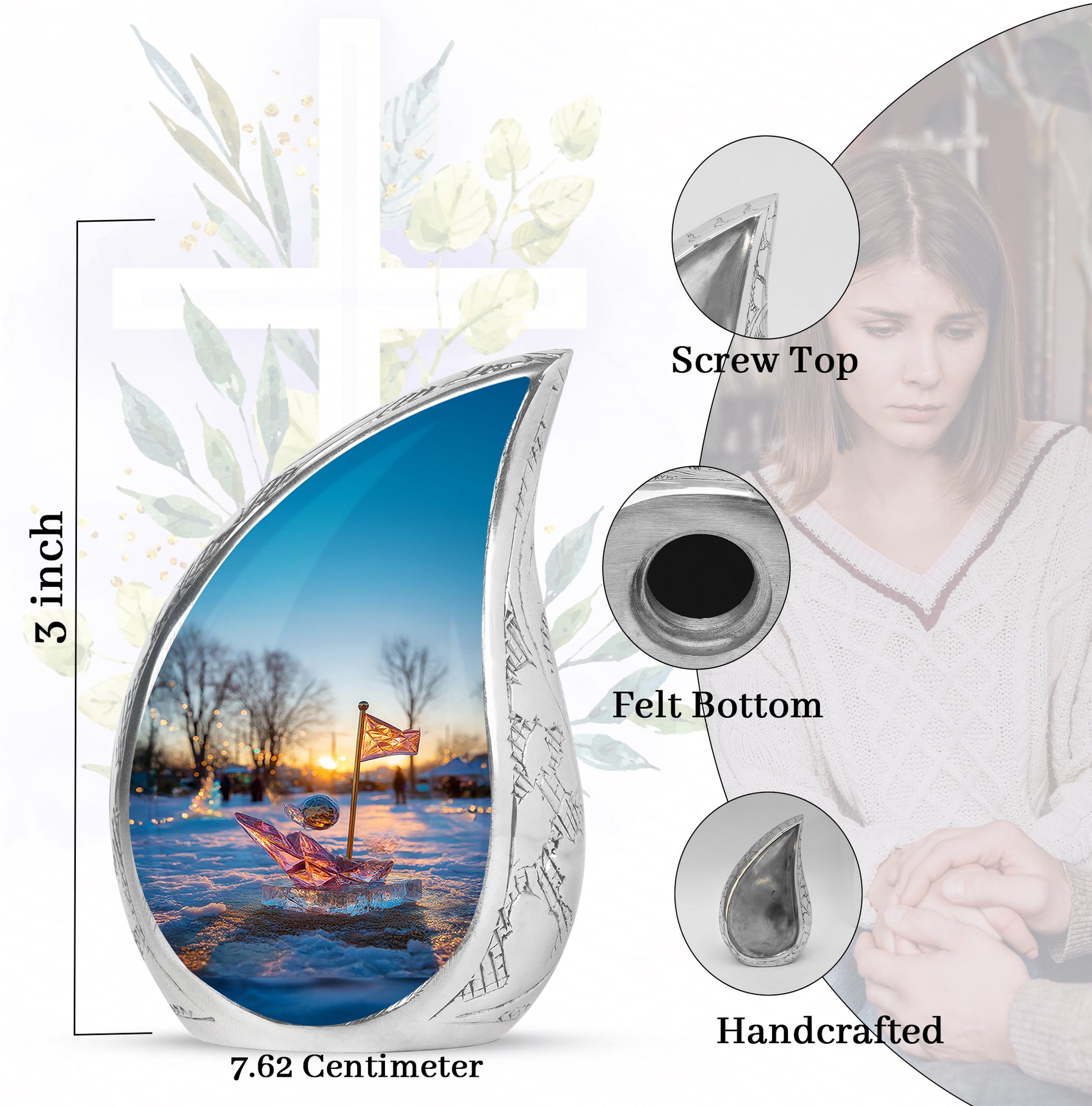 Slate Blue Golf Cremation Urn angled view of lid and engraved motif - flowing teardrop golf silhouette on curved aluminum - mini keepsake memorial for portion of cremation ashes