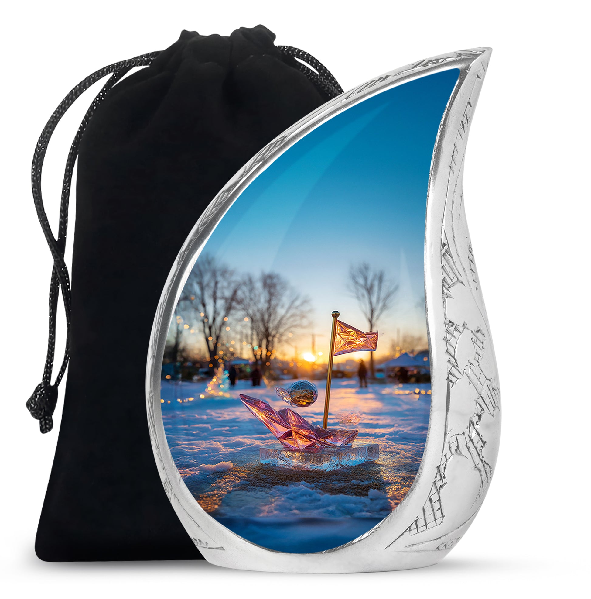 Sapphire Blue Golf Cremation Urn front view showing detailed design - graceful tear-shaped urn with golf motif - full-size 10 inch 200 cubic inch adult cremation urn