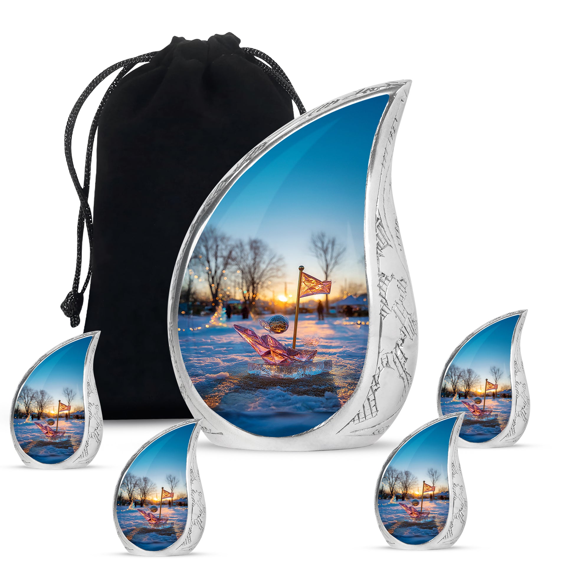 Calming Blue Golf Cremation Urn side profile showing urn shape - smooth teardrop contour featuring golf art - memorial set with one large and four small urns
