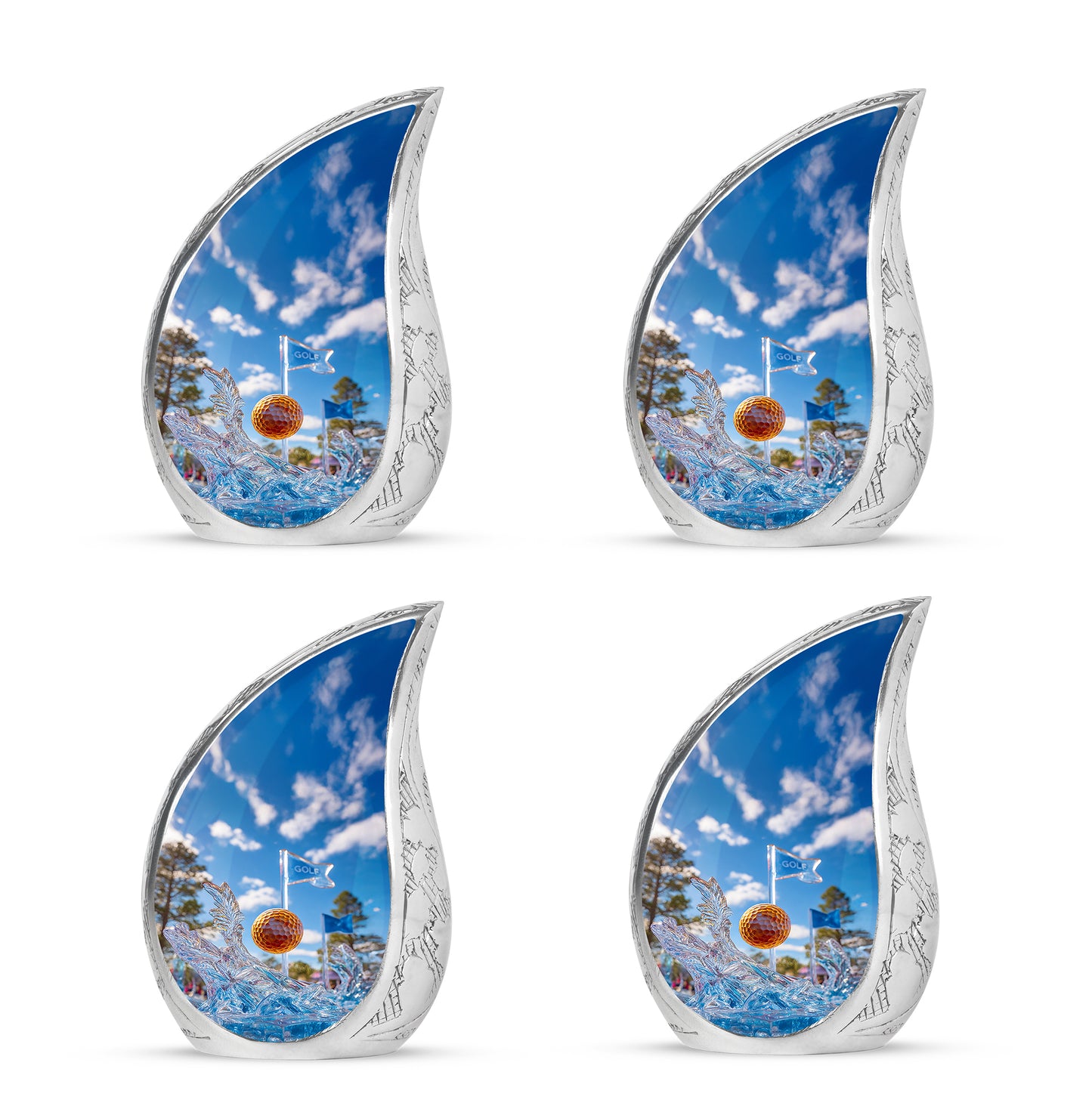 Soft Blue Golf Cremation Urn close-up of engraving and surface detail - graceful tear-shaped urn with golf motif - 10 inch aluminum urn for cremated remains