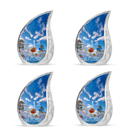 Soft Blue Golf Cremation Urn close-up of engraving and surface detail - graceful tear-shaped urn with golf motif - 10 inch aluminum urn for cremated remains