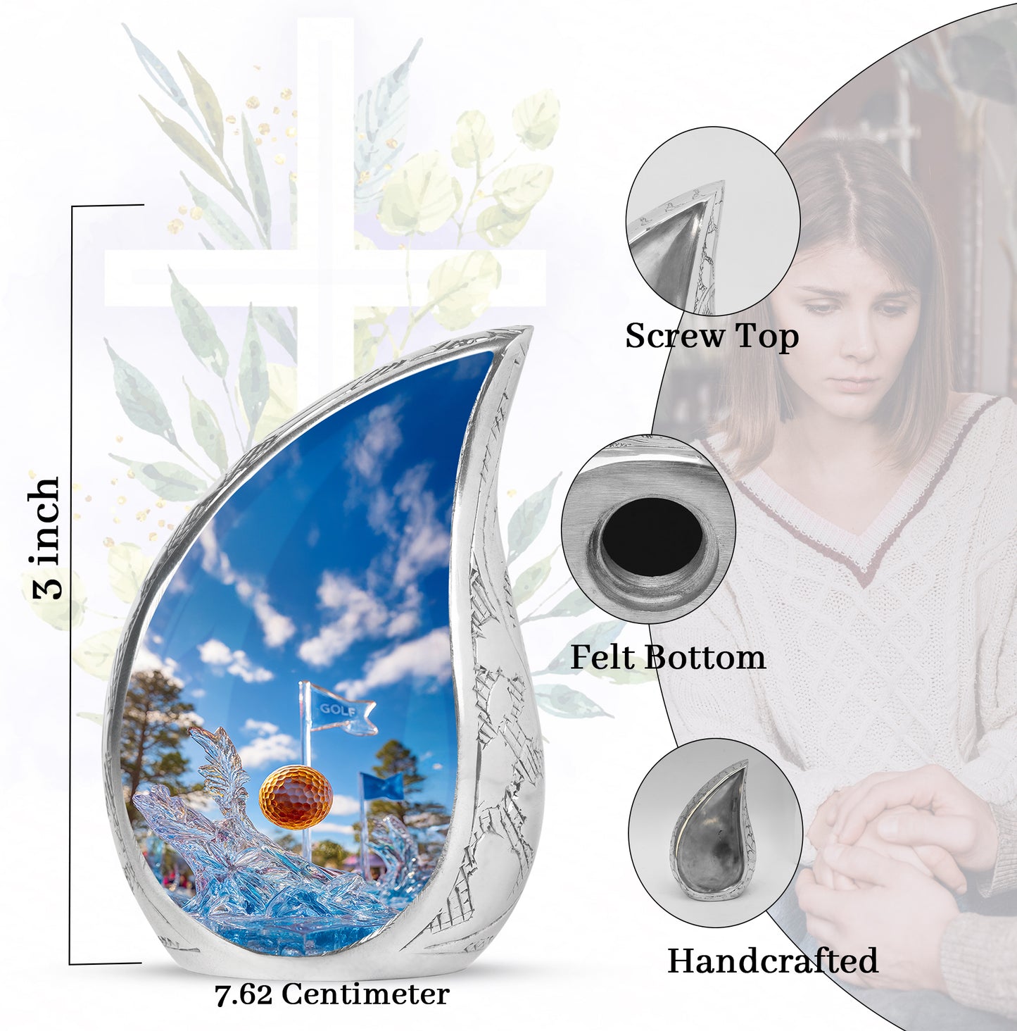 Serene Blue Golf Cremation Urn angled view of lid and engraved motif - smooth teardrop contour featuring golf art - mini keepsake memorial for portion of cremation ashes