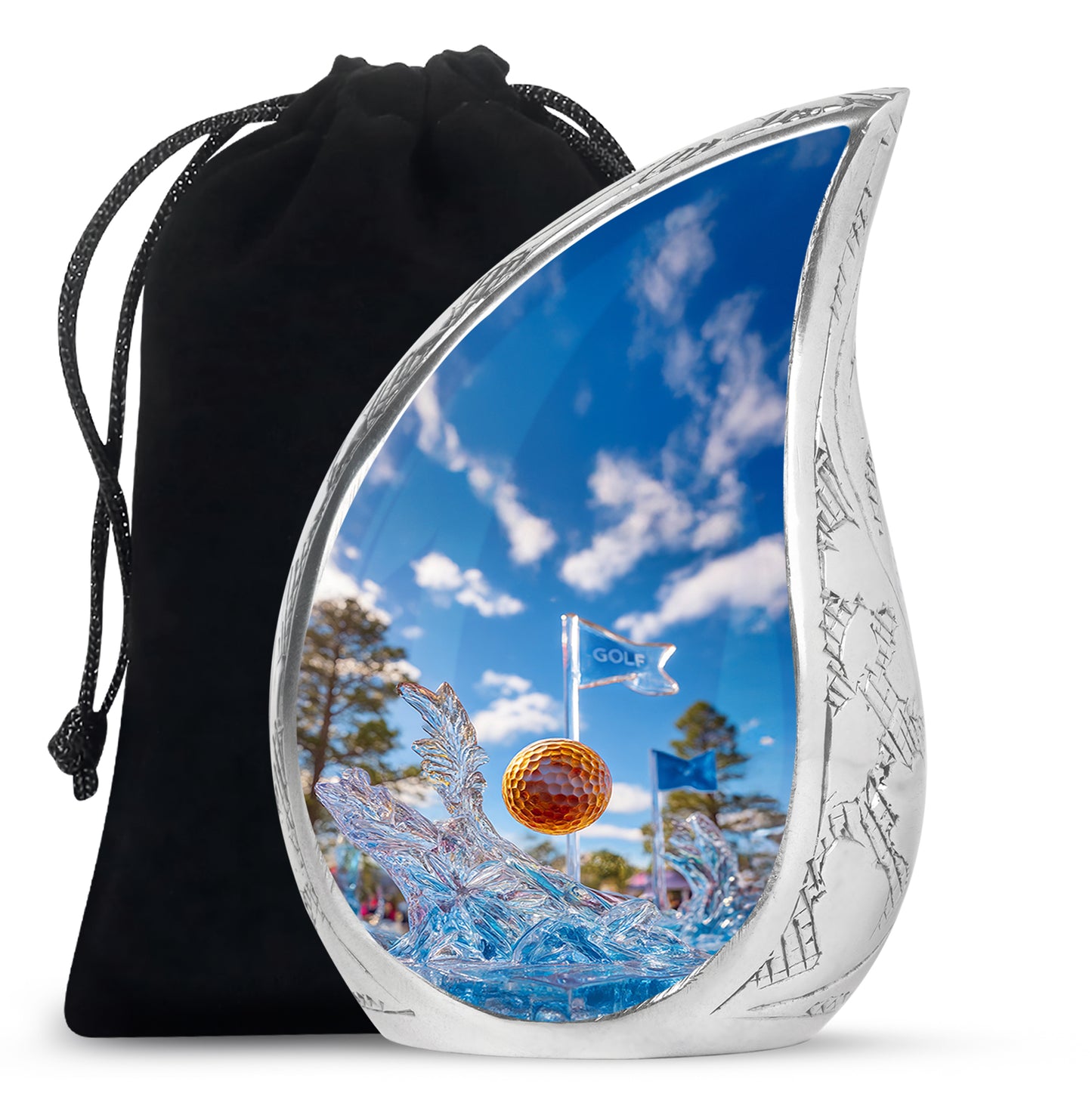 Slate Blue Golf Cremation Urn front view showing detailed design - rounded teardrop golf design with delicate detail - full-size 10 inch 200 cubic inch adult cremation urn