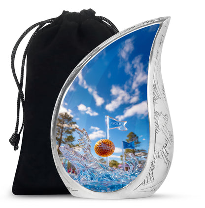 Slate Blue Golf Cremation Urn front view showing detailed design - rounded teardrop golf design with delicate detail - full-size 10 inch 200 cubic inch adult cremation urn