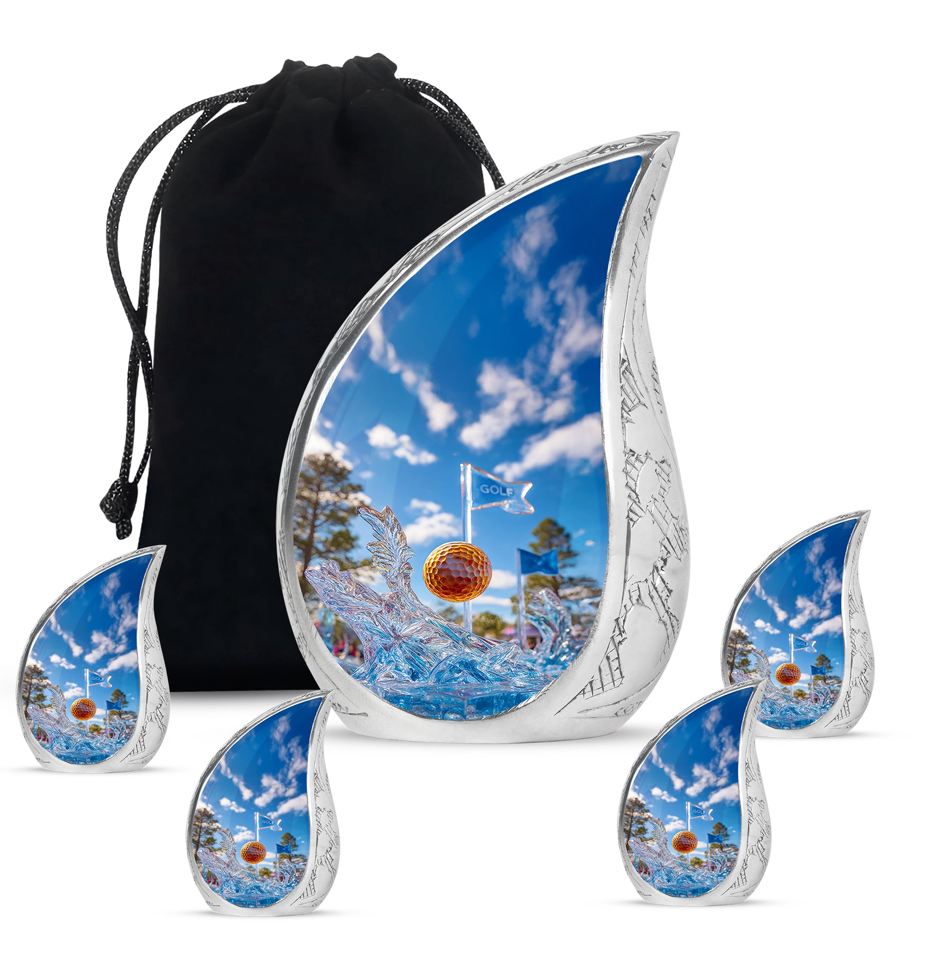 Pastel Blue Golf Cremation Urn side profile showing urn shape - flowing teardrop golf silhouette on curved aluminum - memorial set with one large and four small urns