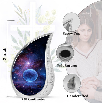 Grape Purple Golf Cremation Urn angled view of lid and engraved motif - graceful tear-shaped urn with golf motif - mini keepsake memorial for portion of cremation ashes