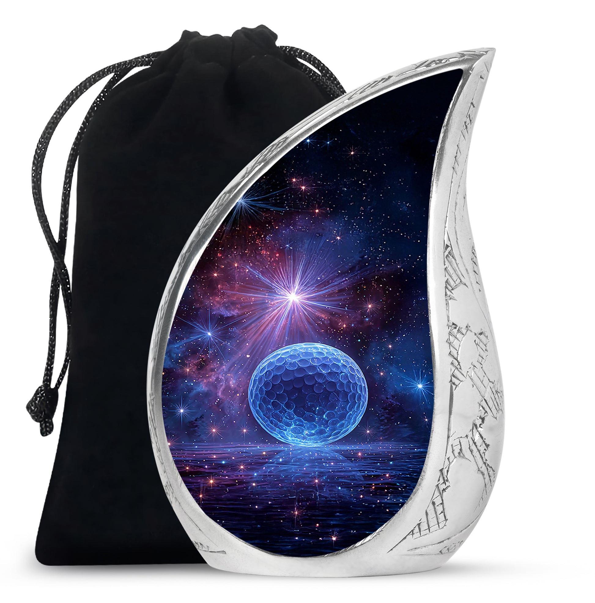 Deep Purple Golf Cremation Urn front view showing detailed design - rounded teardrop golf design with delicate detail - full-size 10 inch 200 cubic inch adult cremation urn