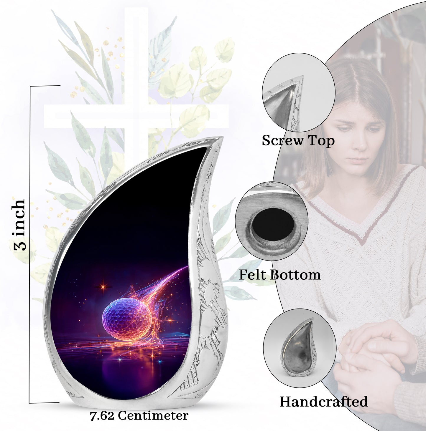 Bright Blue Golf Cremation Urn angled view of lid and engraved motif - graceful tear-shaped urn with golf motif - mini keepsake memorial for portion of cremation ashes