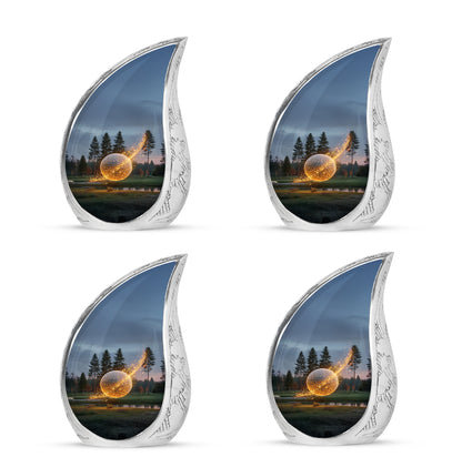 Navy Blue Golf Cremation Urn close-up of engraving and surface detail - rounded teardrop golf design with delicate detail - 10 inch aluminum urn for cremated remains