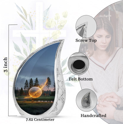 Indigo Golf Cremation Urn angled view of lid and engraved motif - rounded teardrop golf design with delicate detail - mini keepsake memorial for portion of cremation ashes
