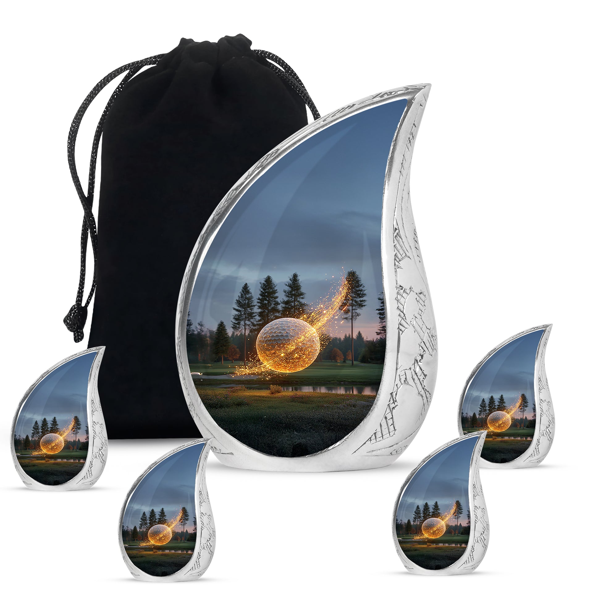 Twilight Blue Golf Cremation Urn side profile showing urn shape - graceful tear-shaped urn with golf motif - memorial set with one large and four small urns