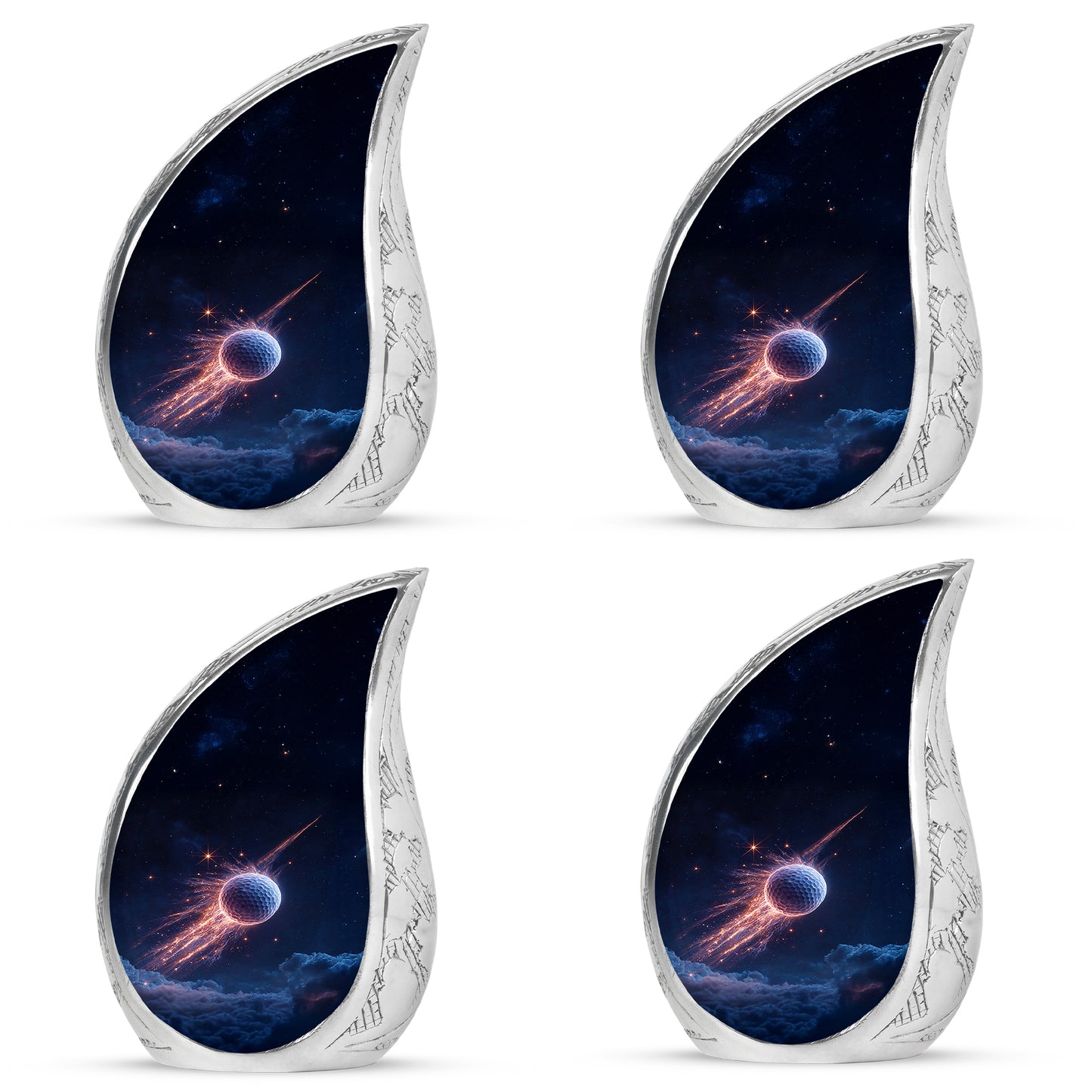 Calming Blue Golf Cremation Urn close-up of engraving and surface detail - graceful tear-shaped urn with golf motif - 10 inch aluminum urn for cremated remains