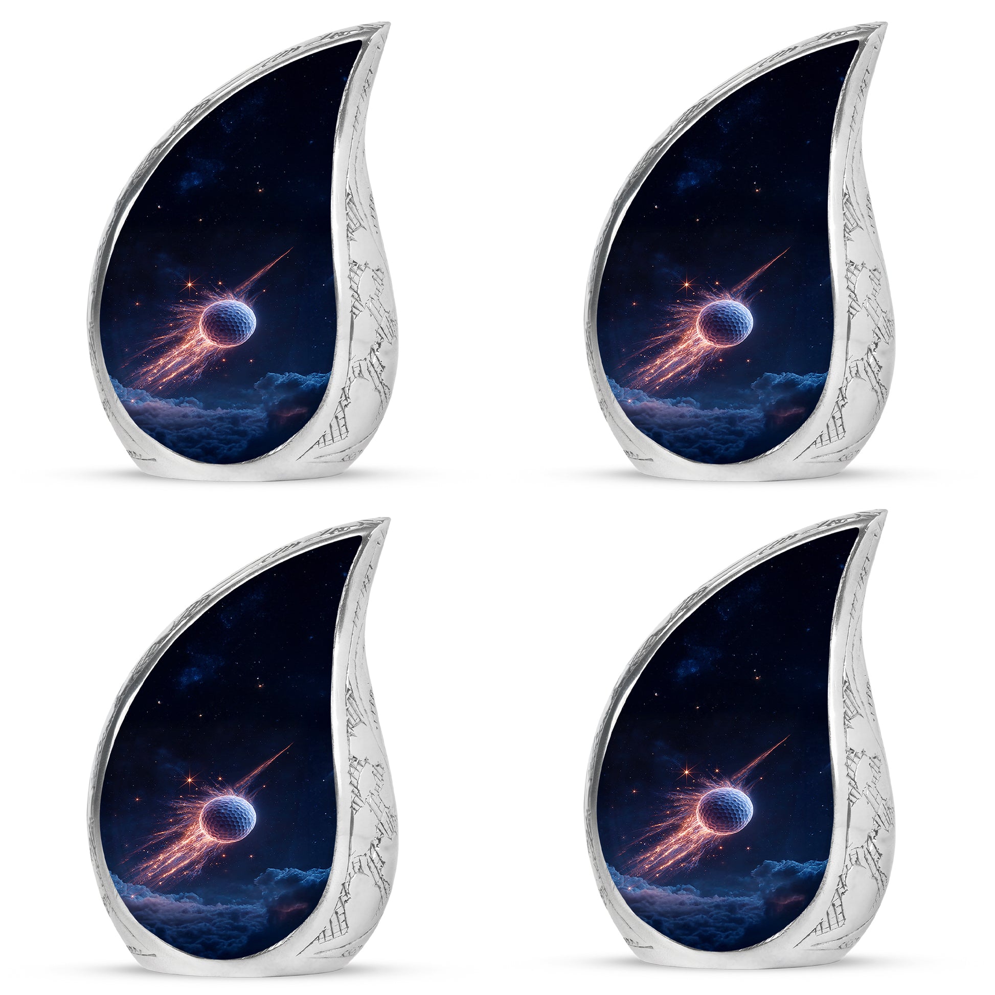 Calming Blue Golf Cremation Urn close-up of engraving and surface detail - graceful tear-shaped urn with golf motif - 10 inch aluminum urn for cremated remains