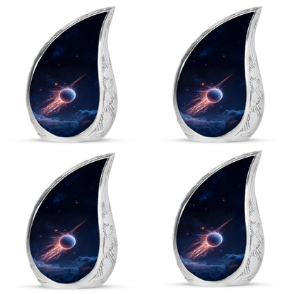 Calming Blue Golf Cremation Urn close-up of engraving and surface detail - graceful tear-shaped urn with golf motif - 10 inch aluminum urn for cremated remains