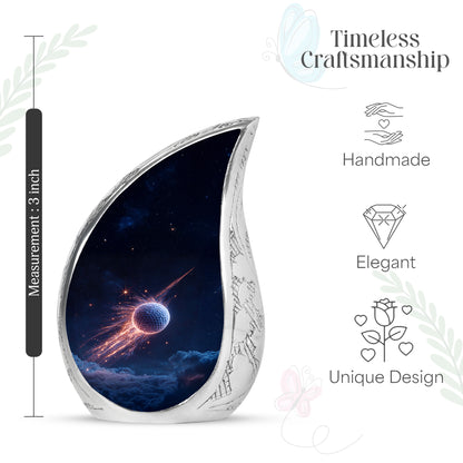 Icy Blue Golf Cremation Urn angled view of lid and engraved motif - flowing teardrop golf silhouette on curved aluminum - mini keepsake memorial for portion of cremation ashes