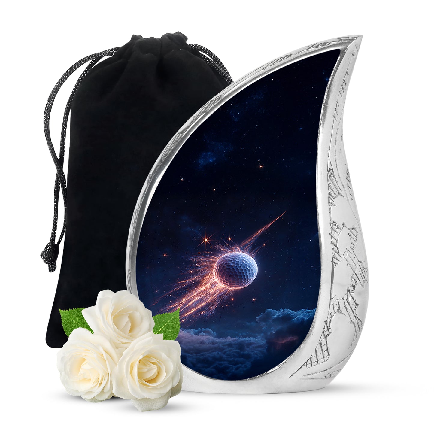 Slate Blue Golf Cremation Urn front view showing detailed design - rounded teardrop golf design with delicate detail - full-size 10 inch 200 cubic inch adult cremation urn